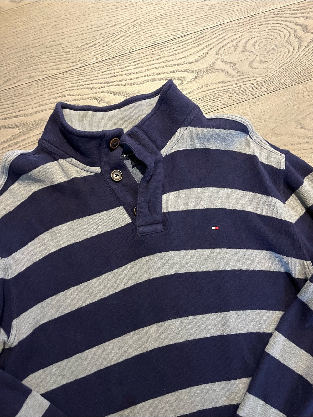 Tommy Hilfiger Navy & Light Gray Striped Button-Neck Rugby
